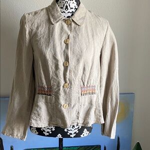 J. Jill Light Beige Linen-Blend Button Jacket with Embroidered Trim